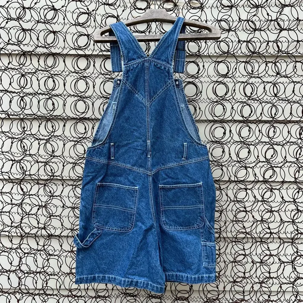 Vintage 90s Y2K Pooh Logo Image Denim Jean Shortalls Overalls Multi Pocket SMALL